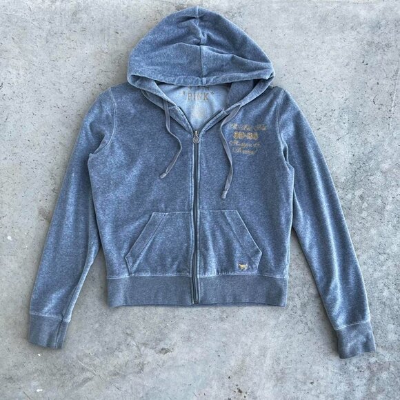 Vintage Y2K PINK VS Hoodie Zip Up Jacket Velour Gray Material Medium - Picture 2 of 7